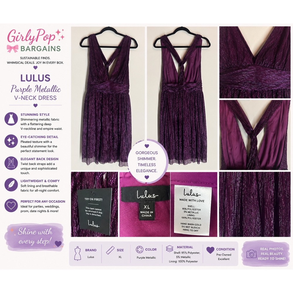 Lulus XL Purple Metallic Pleated Mini Dress NWT Deep V Party Cocktail Dress - Picture 1 of 7